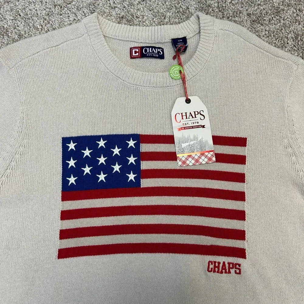 Chaps American Flag USA Sweater‎ Men Size Large Oatmeal Heather Crewneck NWT